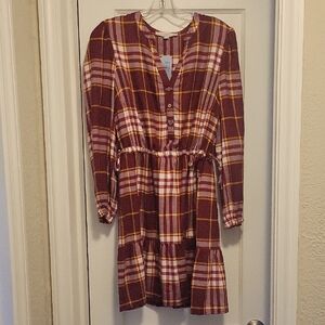 LOFT Burgundy Plaid Long Sleeve Dress